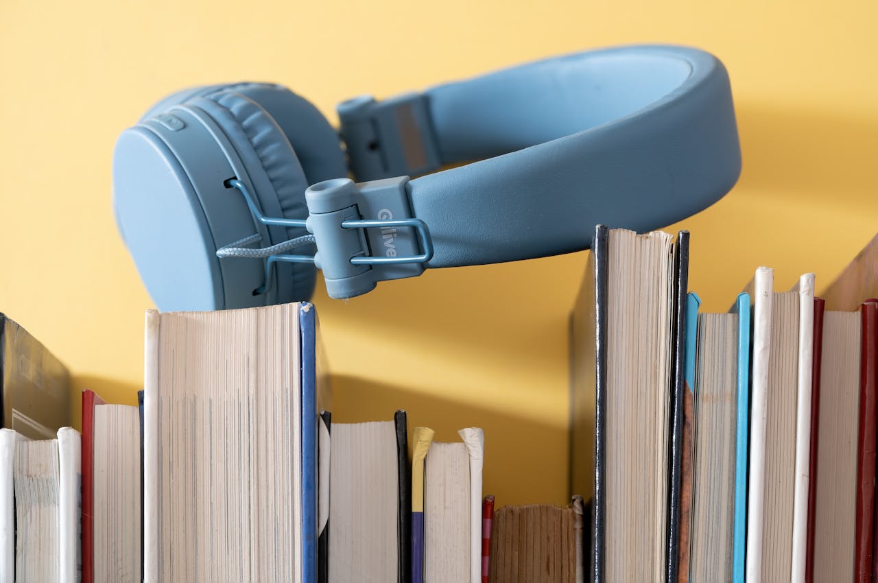 Cozy Reading Corner with Books and Headphones